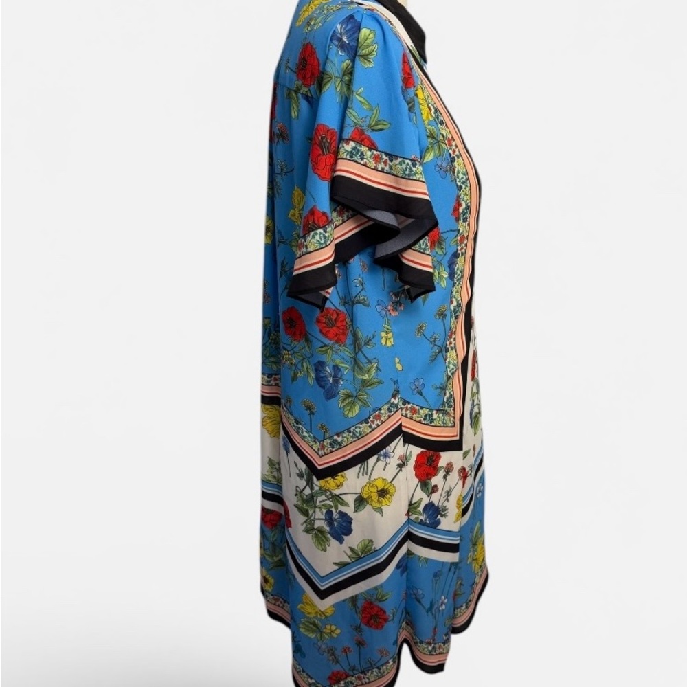 Alice & Olivia Floral Button-Front Blue & Cream Shirt Dress - Picture 3 of 9